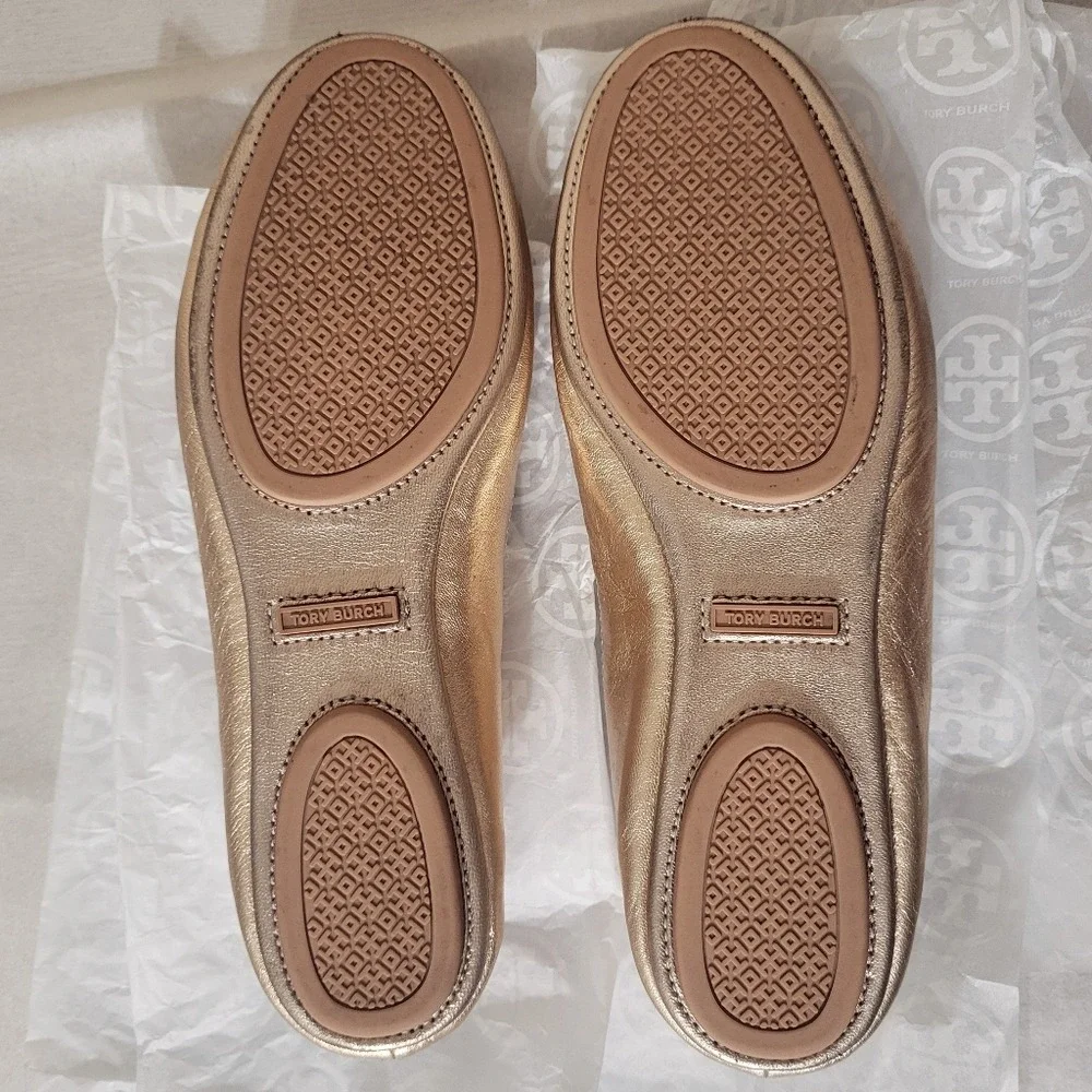 Tory Burch Minnie Rose Gold Leather Logo Travel Ballet 6.5 Metallic Minimal